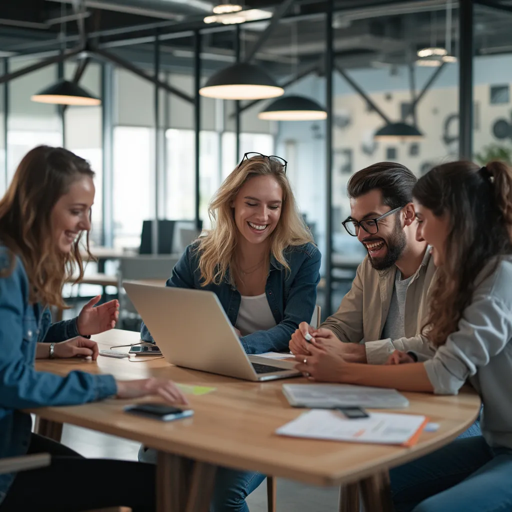 Equipo de startup tecnológica trabajando en una oficina moderna